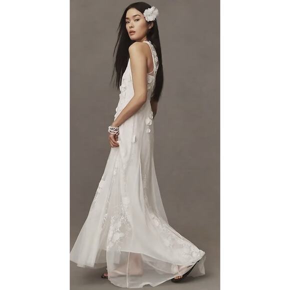 BHLDN NWT Ivory Calla Sleeveless Tulle Floral Applique Maxi Dress Size Medium - Picture 15 of 15